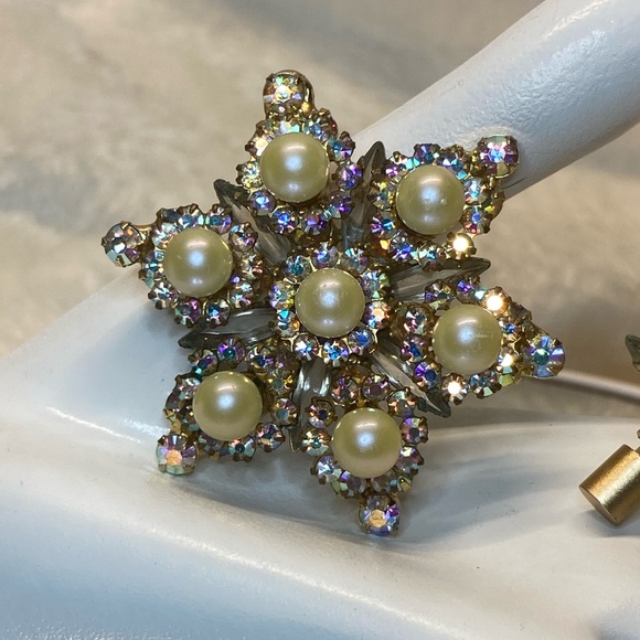 VINTAGE JULIANA D&E AB RHINESTONE FAUX PEARL STAR BROOCH PIN & EARRING SET #786 - Picture 5 of 16